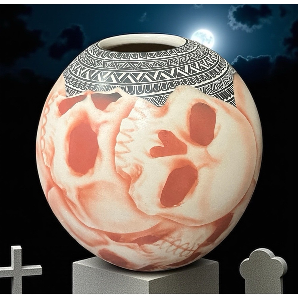 Mata Ortiz Pottery Hilario Quezada Jr Etched Skull Day Of Dead Mexican Fine Art - Picture 4 of 9